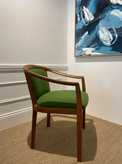 Chiswell Furniture tub chair with green upholstery and restored wood. Chiswell furniture for sale. Restoration by the Ex Parker People™.