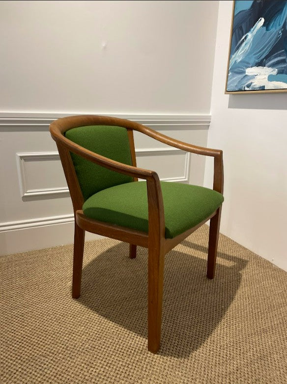 Chiswell Furniture tub chair with green upholstery and restored wood. Chiswell furniture for sale. Restoration by the Ex Parker People™. Available online for purchase.