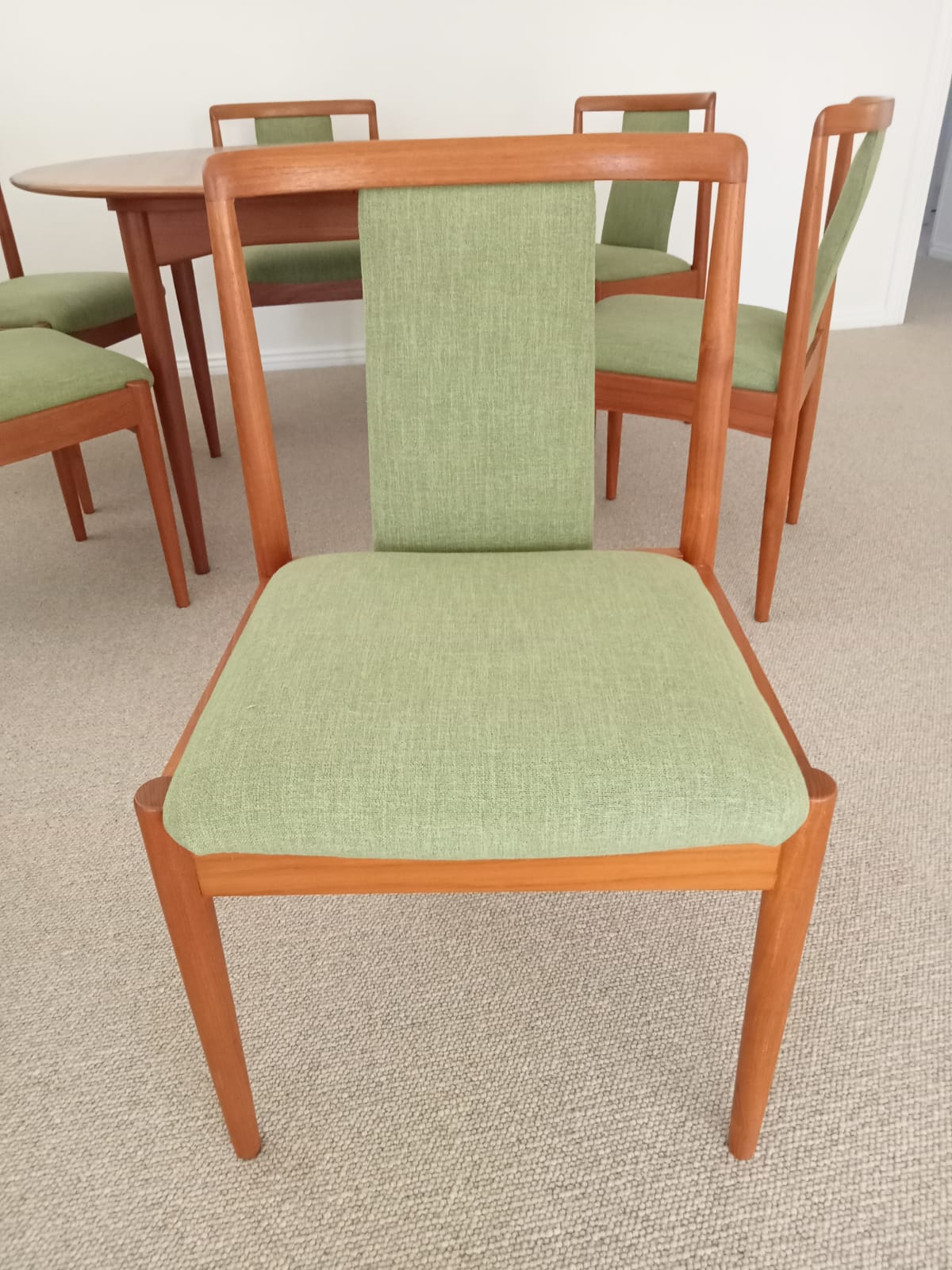 Parker Furniture's Dining Chair Model 88, in a green fabric. Parker furniture restoration Specialist.