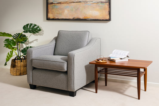 Beautiful gray armchair, macquarie range by Parker Furniture, for sale in Willoughby from the Covesmore Showroom. Ex Parker People™
