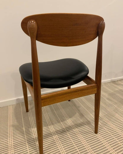 Back view of Parker Dining Chair 107, teak and leather. Available for Sale, refurbishment by Covesmore.