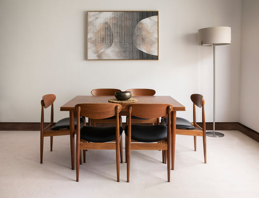 A Parker Furniture dining set with a rectangular table and six chairs, arranged in a room with a lamp and a framed picture on the wall. Parker Furniture For Sale In Willoughby. Ex Parker People™