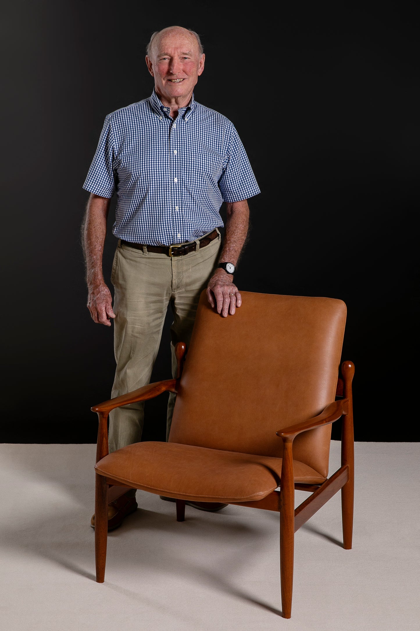 Tony Parker, designer and driving force of Parker furniture, standing next to 1 of 2 unique pieces refurbished by Covesmore, one for Tony and another one Available for Purchase. Ex Parker People™