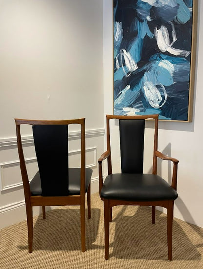 Parker Chairs 60 and Parker Furniture Carver chair model 61 in Willoughby Showroom, Available for Sale in Sydney. Those two parker chairs have been restored and reupholstered in Black Leather.