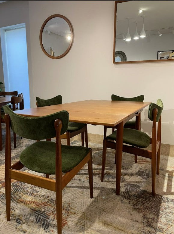 Parker furniture Sydney, a dining suite, model 140 Parker table and model 108 Parker chairs, fully refurbished by Covesmore Solutions in Sydney. Parker Furniture for sale.
