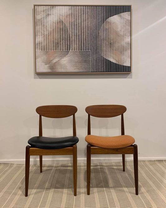 Front view of two original Parker 107 dining chairs by Parker Furniture Australia. Refurbished and reupholstered in Premium material.