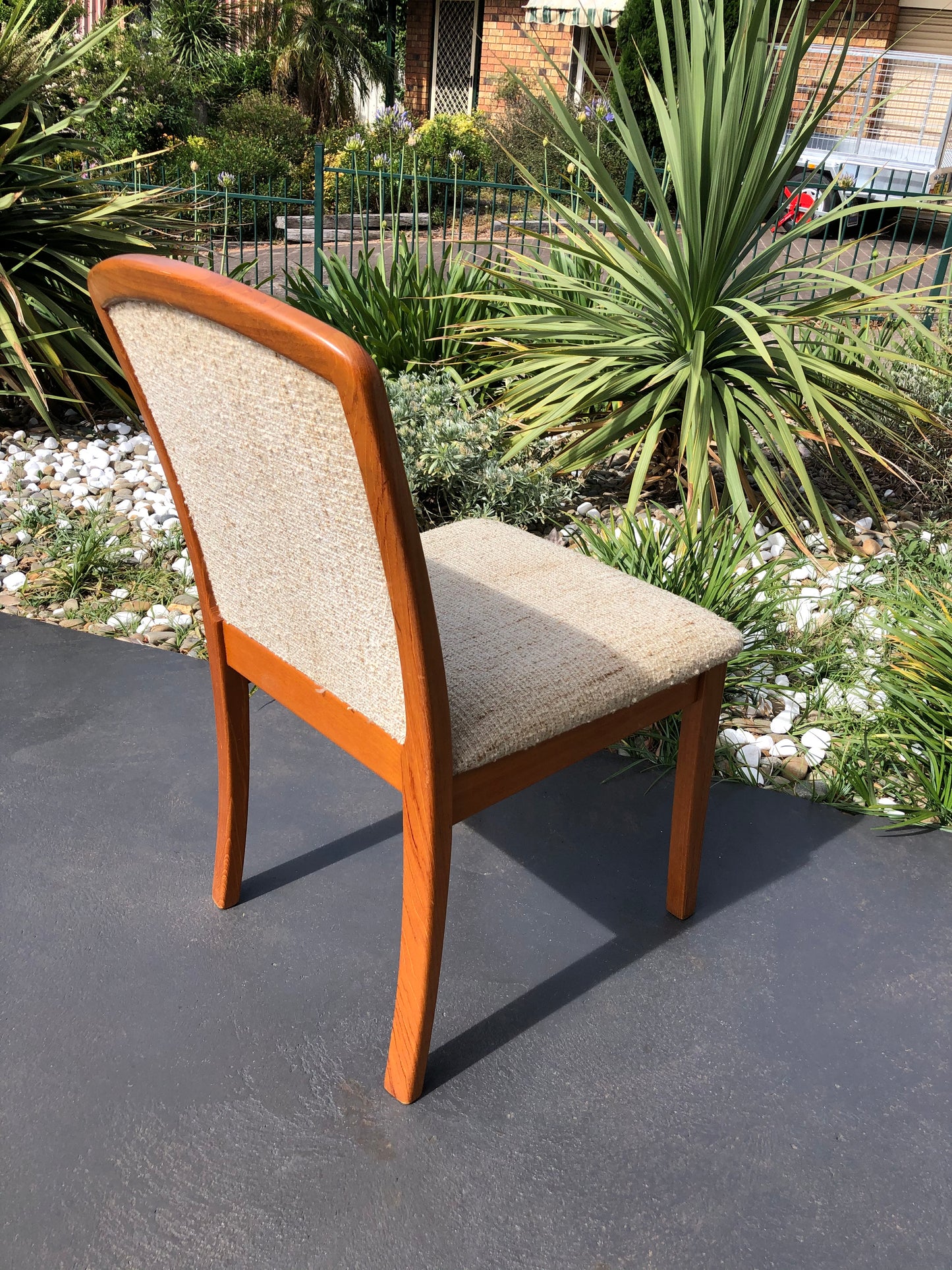 Restored Parker 92 dining chair with curved backrest and light upholstery. Available online or in Willoughby at Parker furniture showroom.